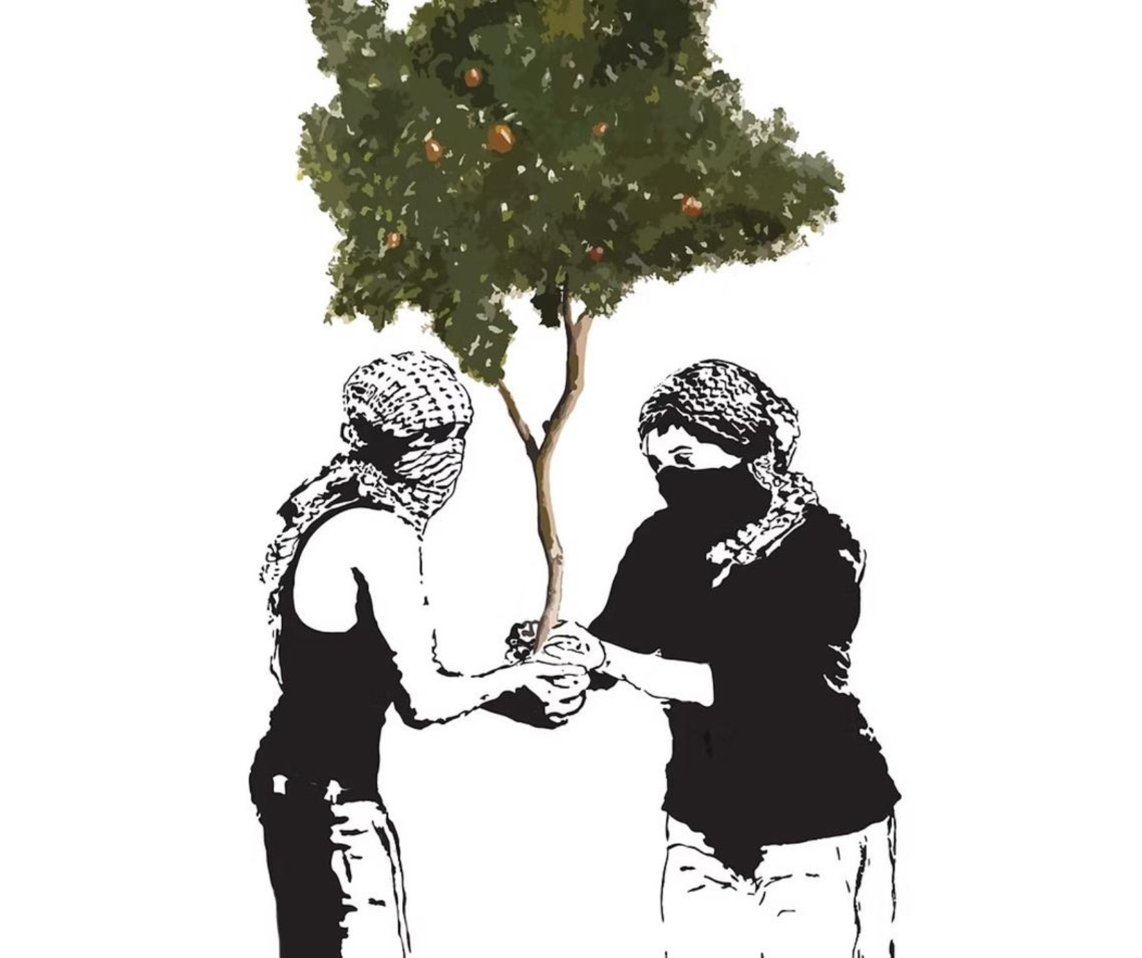 Illustrazione in stile stencil su sfondo bianco. Due figure vestite di nero, con il volto coperto da kefiah, si passano un piccolo albero con radici scoperte.
